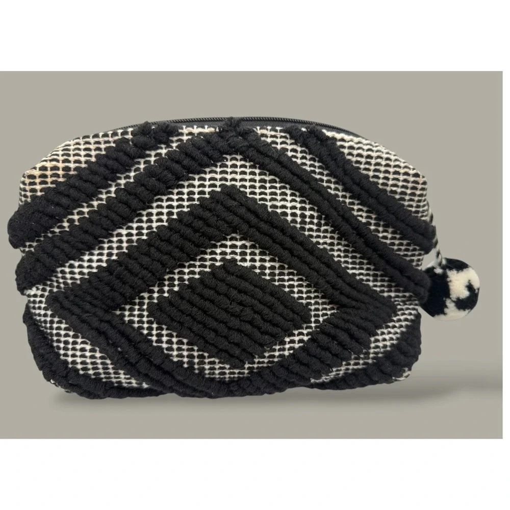 Boho Black White Geometric Tufted Pouch Pom Pom Tassel Makeup Bag Clutch India